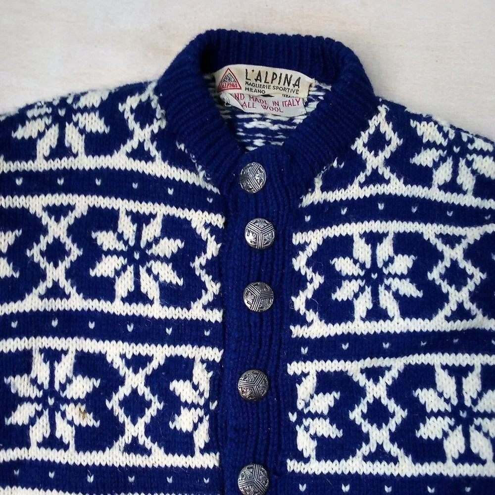 Vintage L'Alpina Striped Nordic Pattern Wool Cardigan Sweater - Picture 1 of 5